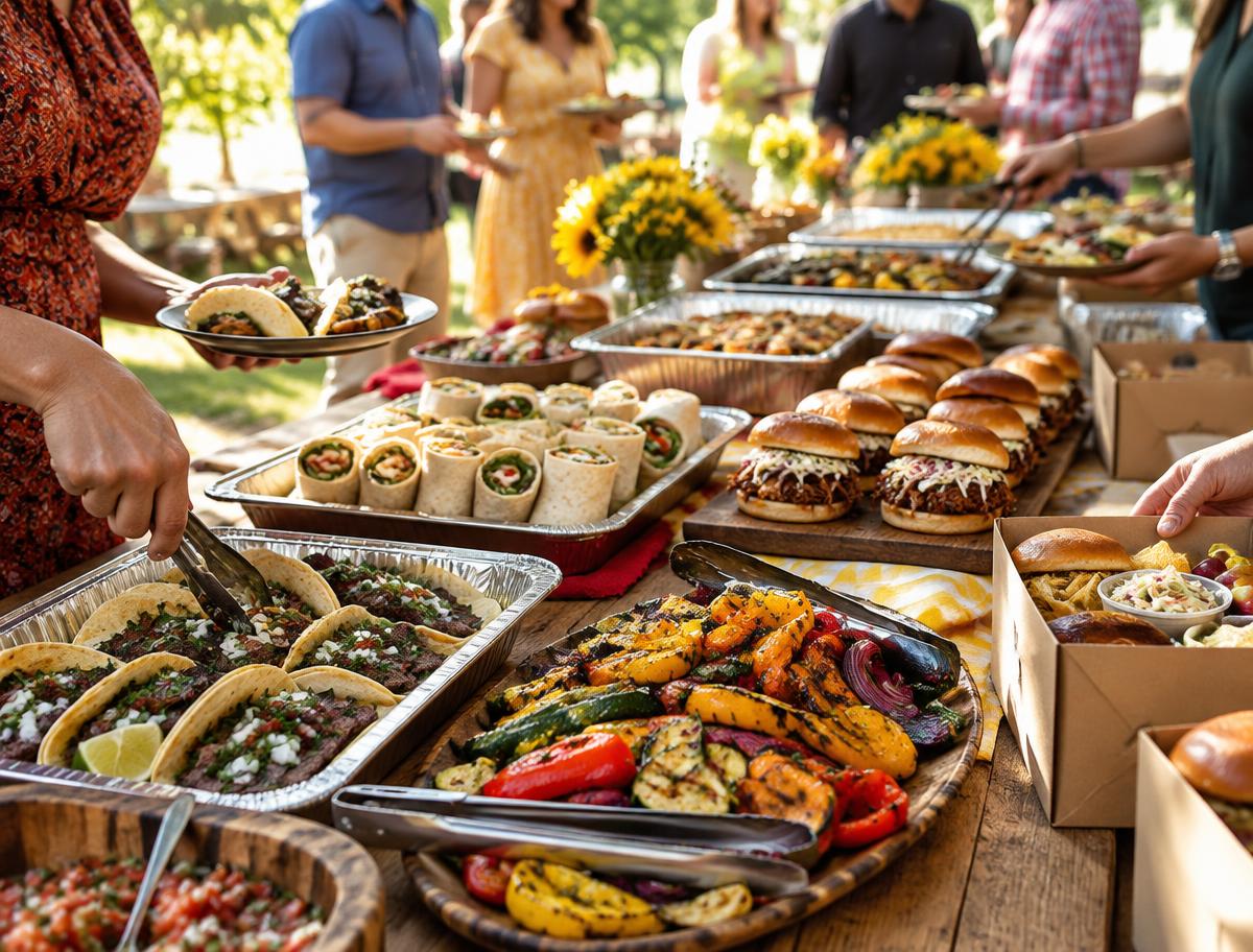 A catered outdoor gathering with tacos, wraps, barbecue, and vegetables